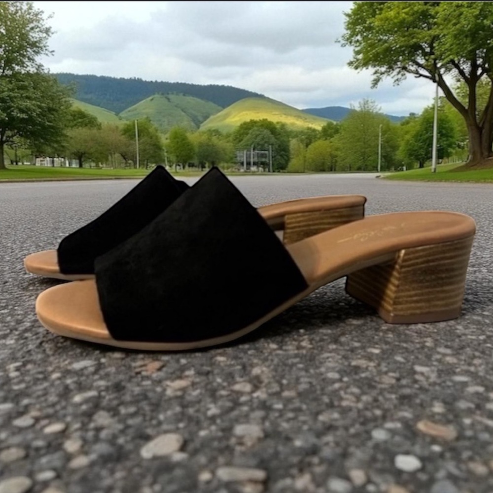 Alegria Black Suede and Tan Mules with Low Block Heel ~ NWB size 38 ~ Italy
